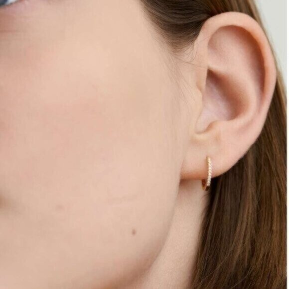 Gold Pavé Huggie Hoop Earrings 18K on 925 Sterling Silver CZ Everyday Jewelry - Picture 12 of 14